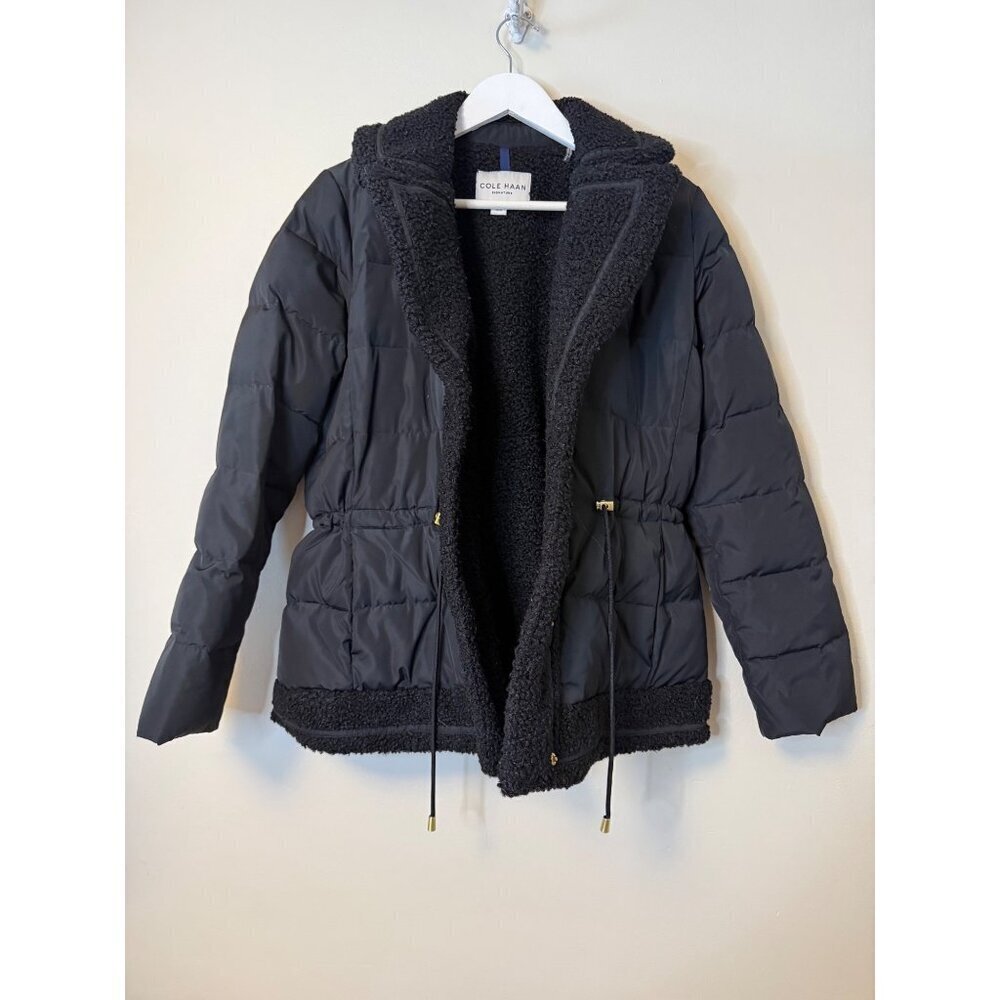 Cole Haan Womens Black Puffer Down Jacket Faux Sherpa Trim Drawstring Medium